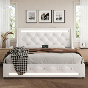 Wingback Upholstered Bed Frame With LED Lights, Charging Station