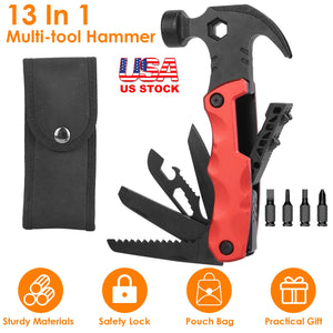 13 In 1 Multi-tool Hammer Outdoor Camping Survival Tools with Pouch Bag Safety Lock Nail Puller Knife Can Opener Saw Screw Depositor Screwdriver