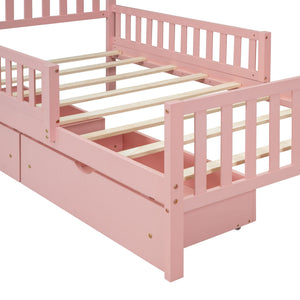Platform Bed With Guardrails On Both Sides And 2 Storage Drawers