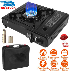 3300W Portable Camping Stove Butane Canister Dual Fuel Burner Piezo Electric Ignition Single Burner with Automatic Tank Ejection Overpressure Cut Off