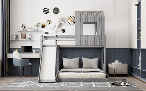 Loft Bunk Bed With Playhouse, Farmhouse, Ladder, Slide And Guardrails