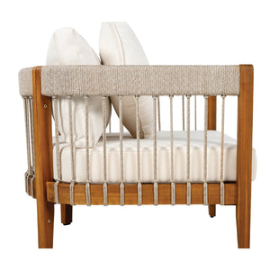 Acacia Wood Outdoor Club Chair with Handwoven Rope Accents & Curved Backrest