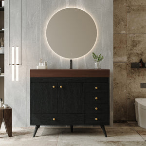 36" Freestanding Bathroom Vanity with Faux Marble Top, Ceramic Sink, 5 Drawers & Stainless Steel Legs