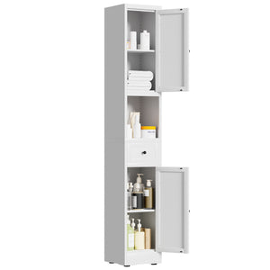 Tall Bathroom Storage Cabinet, 5-Tier Narrow With 2 Doors & Adjustable Shelves, Freestanding - White