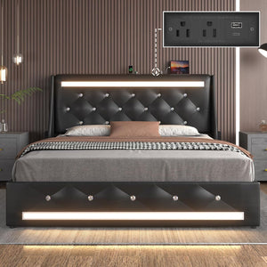 Wingback Upholstered Bed Frame With LED Lights, Charging Station