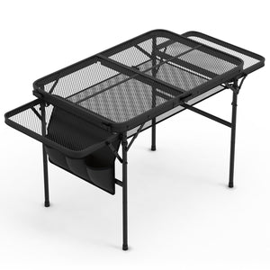 Foldable Camping Table Collapsible Picnic Aluminum Alloy Grill Stand BBQ Table with 66LBS Max Load Adjustable Height 2 Side Wing Trays Storage Net
