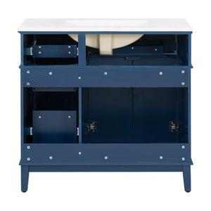 Bathroom Vanity With Ceramic Sink, Soft-Close Doors, 4 Storage Drawers - Blue