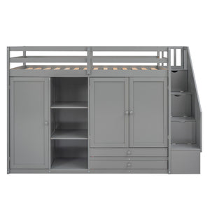 Loft Bed With 3 Shelves, 2 Wardrobes, 2 Drawers, Ladder Storage