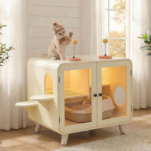 Cat Hidden Litter Box Enclosure with RGB LED Light and Glass Doors