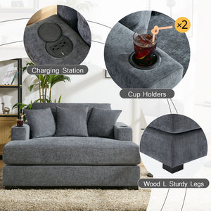 Oversized Chaise Lounger Modern Style Sofa Couch With Pillows, Charge Station & Cup Holders