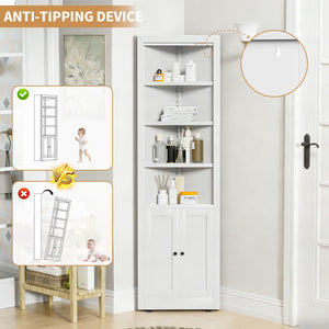 Tall Corner Storage Cabinet With 2 Doors, 5-Tier With Adjustable Shelves, Freestanding - White