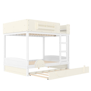 Full Bunk Bed with Trundle, Wood Bunk Bed Frame with Bookshelf