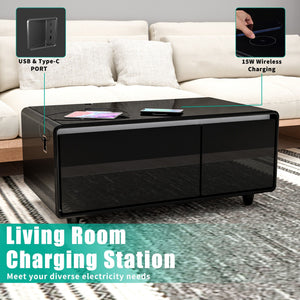 Modern Smart Coffee Table With Built-In Fridge - tooth Speaker, Wireless Charging, Touch Control Panel, USB Interface, Outlet Protection, Atmosphere Light