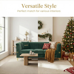 FX-P82-GR3 82.67" Modern Velvet 3-Seater Chesterfield Sofa with 2 Pillows