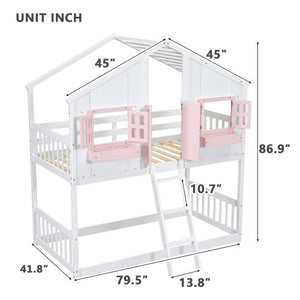 House Bunk Bed With Roof, Window, Window Box, Door, With Safety Guardrails And Ladder