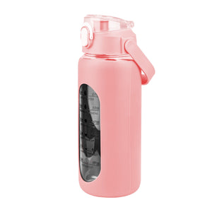 34Oz Glass Water Bottle Sports Water Bottle Motivational Water Bottle Water Intake Tracker Bottle with Straw Time Marker Silicone Sleeve Handle for Gy