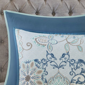 8 Piece Cotton Floral Printed Reversible Comforter Set Blue
