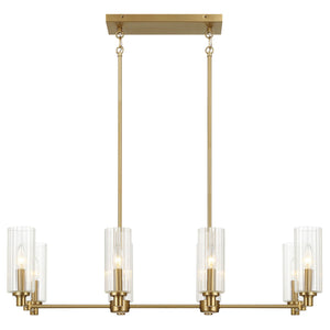 Willow - 8 Lights Island With Clear Ribbed Pendant Lamp Satin - Antique Brass / Clear / Gold