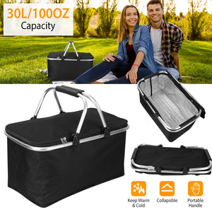 30L Insulated Picnic Basket Cooler Collapsible Food Delivery Storage Bag Grocery Market Basket Heat & Cool Insulation w/ Aluminum Handles