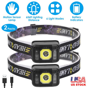 2Packs Rechargeable Motion Sensor Headlamp 6 Light Modes COB XPG Headlight Torch Flashlight for Fishing Running Camping Hiking