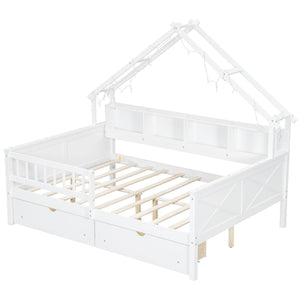 House Style Platform Bed With LED Lights, Storage Shelves, Drawers, And Guardrail
