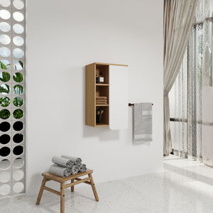 Wall Mounted Bathroom Side Cabinet, Single Door With 3 Tier Open Shelves - Black / Light Oak / White