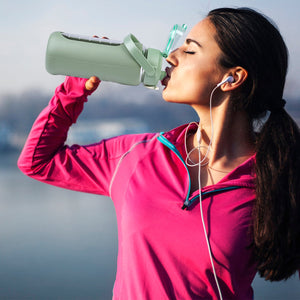 34Oz Glass Water Bottle Sports Water Bottle Motivational Water Bottle Water Intake Tracker Bottle with Straw Time Marker Silicone Sleeve Handle for Gy