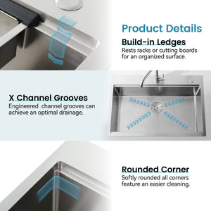 Stainless Steel Kitchen Sink, 33”x22” Single Bowl, Overmount, Brushed Finish