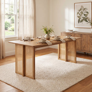 Natural Rubber Wood Dining Table with Rattan Accents