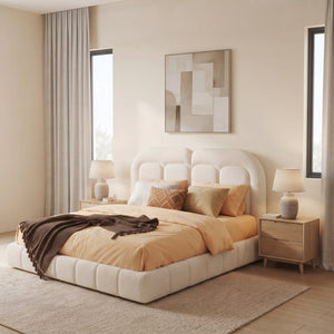 Queen Size Boucle Upholstered Platform Bed with Tufted Headboard