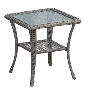 3 Pieces Conversation Set, Outdoor Wicker Rocker Swivel Patio Bistro Set, Rocking Chair with Glass Top Side Table, Grey