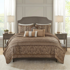 6 Piece Jacquard Quilt Set with Throw Pillows – Brown/Gold King/Cal King