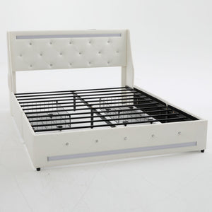 Wingback Upholstered Bed Frame With LED Lights, Charging Station