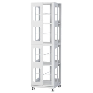 4 Tier All Steel Rotating Bookshelf With 360° Wheels, Large Size Sturdy & Spacious Book Rack, New Style Bookshelf - White