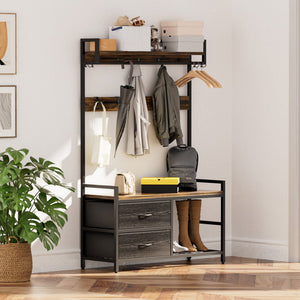 Hall Tree With 2 Movable Drawers, Shoe Storage, Shelves, Garment Racks, And 23 Hooks For Entryway - Rustic Brown