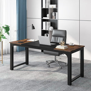 Executive Office Desk, Large Computer Workstation With Thick Frame - Brown / Black