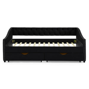 Upholstered Tufted Daybed With 2 Drawers, Waved Arms