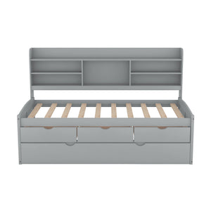 Captain Bed With Built In Bookshelves, 3 Storage Drawers, And Trundle