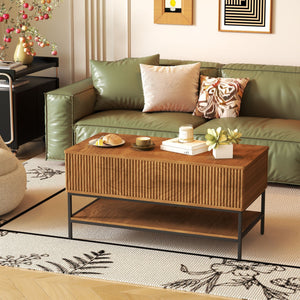 Rectangle Lift Top Coffee Table With Hidden Storage And Lower Shelf - Brown