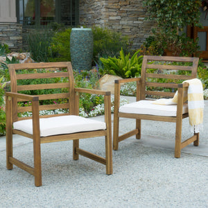 Outdoor Acacia Wood Club Chairs, 2-Piece Set - Natural Stained / White