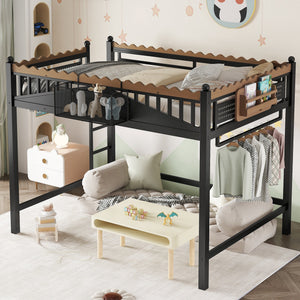 Full Size Loft Bed with Ladders and Storage Shelves