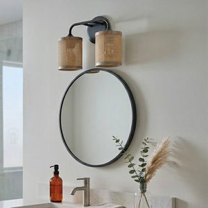 Quell - Double Light Vanity With Natural Shade Wall Lamp - Black / Rattan