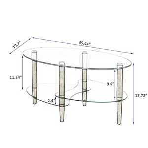 Transparent Oval Glass Coffee Table, Modern Table In Living Room Oak Wood Leg Tea Table 3-Layer Glass Table