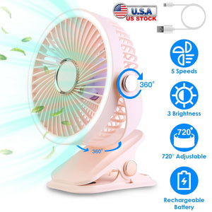 Portable Quiet Clip On Fan With 5 Speeds 3 Brightness 720¡ Fully Adjustable Angle Type-C Rechargeable Clip Desk Wall Mounted Fan For Camping Office Ho