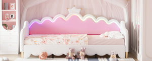 Extending Daybed With LED Lights, Modern Upholstered Princess Daybed With Crown Headboard