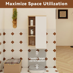 Wall Mounted Bathroom Side Cabinet, Single Door With 3 Tier Open Shelves - Black / Light Oak / White