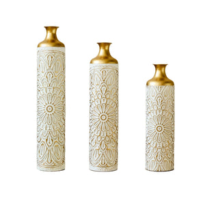 3 Piece Home Decoration Large Glazed Floor Vases - Gold / White
