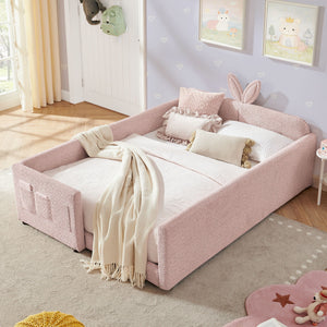 Cute Rabbit Ear Upholstered Platform Bed Frame With Safety Rail