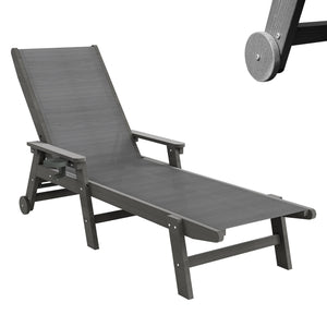 Lounge Chair Outdoor, HDPE Chaise Lounge with Wheels and Adjustable Recliner