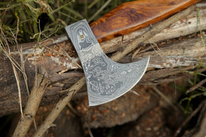 Damascus Viking Axe, Damascus Steel Axe With Leather Sheath, Darkwood Handle Axe, Viking Hatchet, Camp Axe